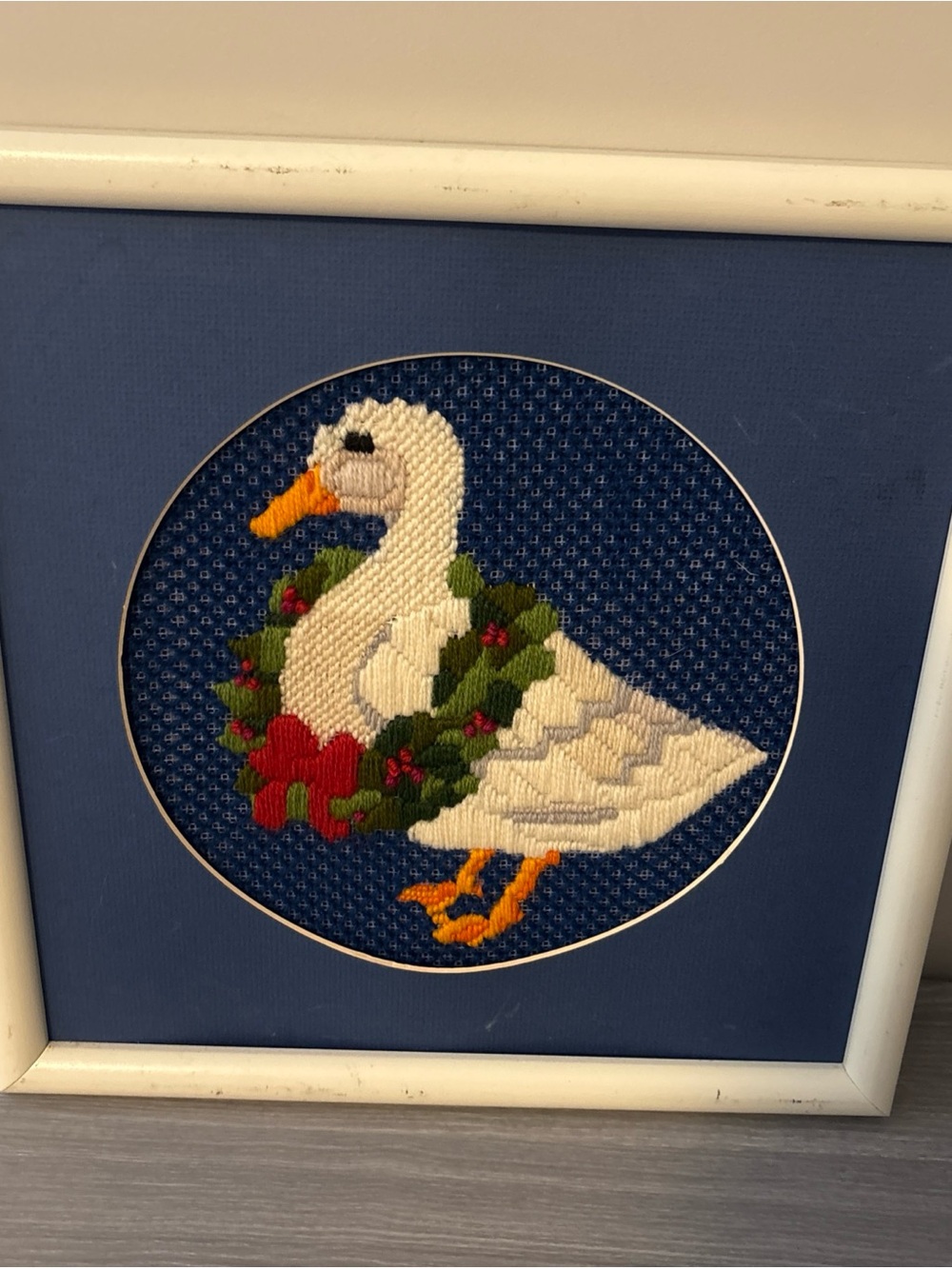 White Duck Cross-Stitch Wall Art with Green Wreath and Red Bow